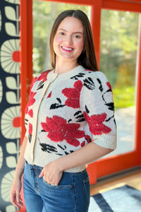 Floral Short Puff Sleeve Cardigan - Eggshell
