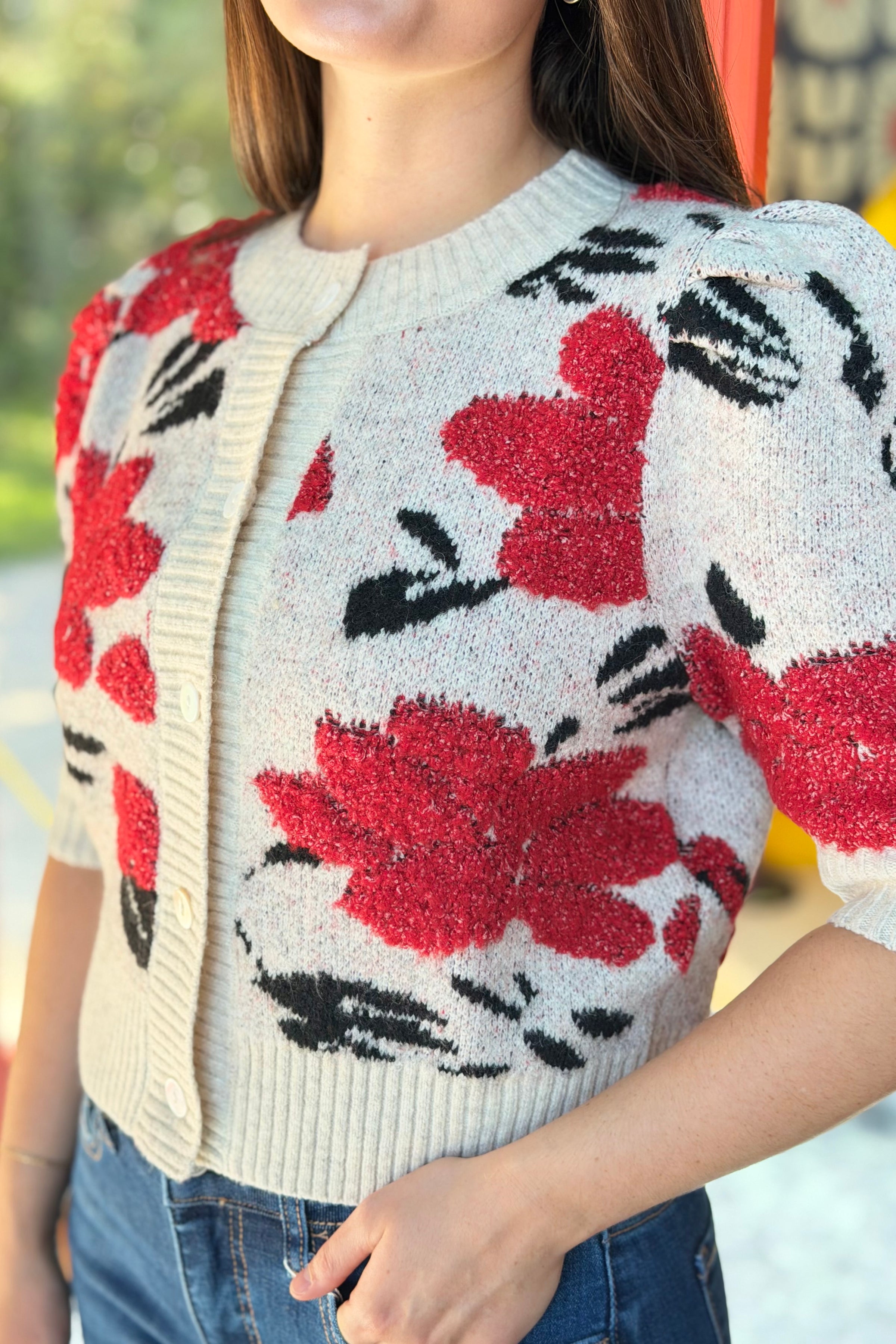 Floral Short Puff Sleeve Cardigan - Eggshell