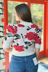 Floral Short Puff Sleeve Cardigan - Eggshell