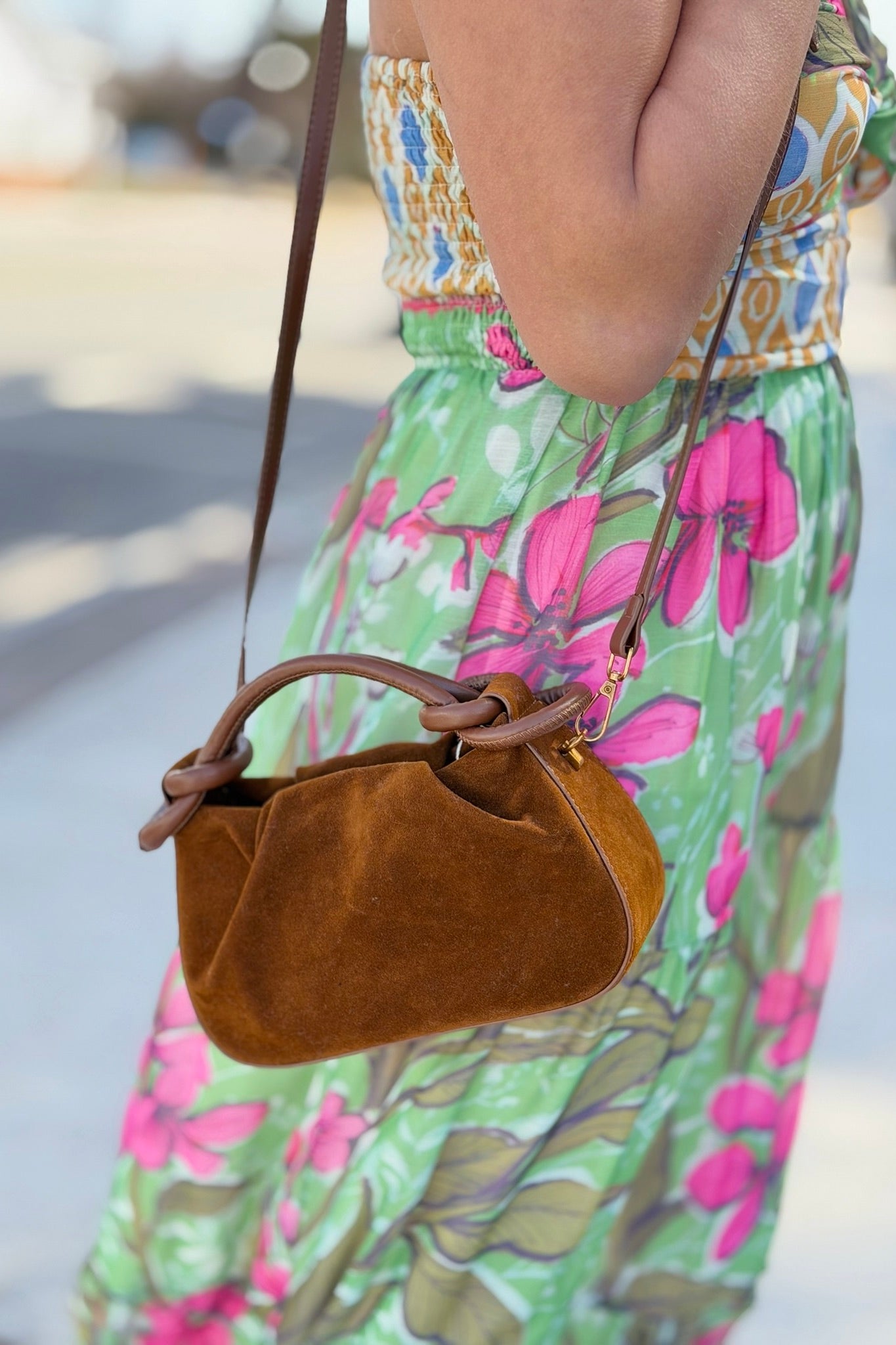 Ruched Suede Shoulder & Crossbody Bag - Coffee