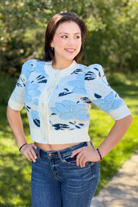 Floral Short Puff Sleeve Cardigan - Ivory