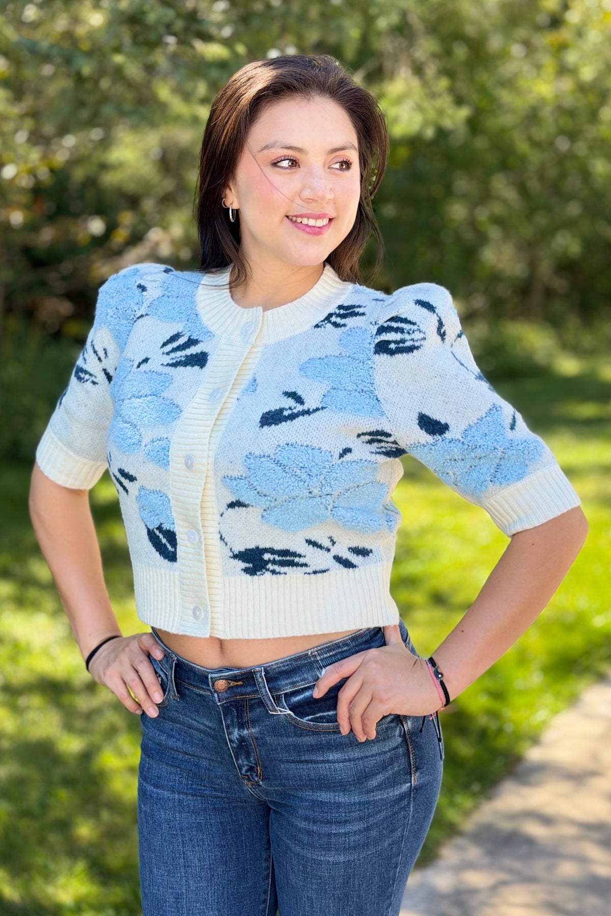 Floral Short Puff Sleeve Cardigan - Ivory