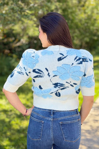 Floral Short Puff Sleeve Cardigan - Ivory