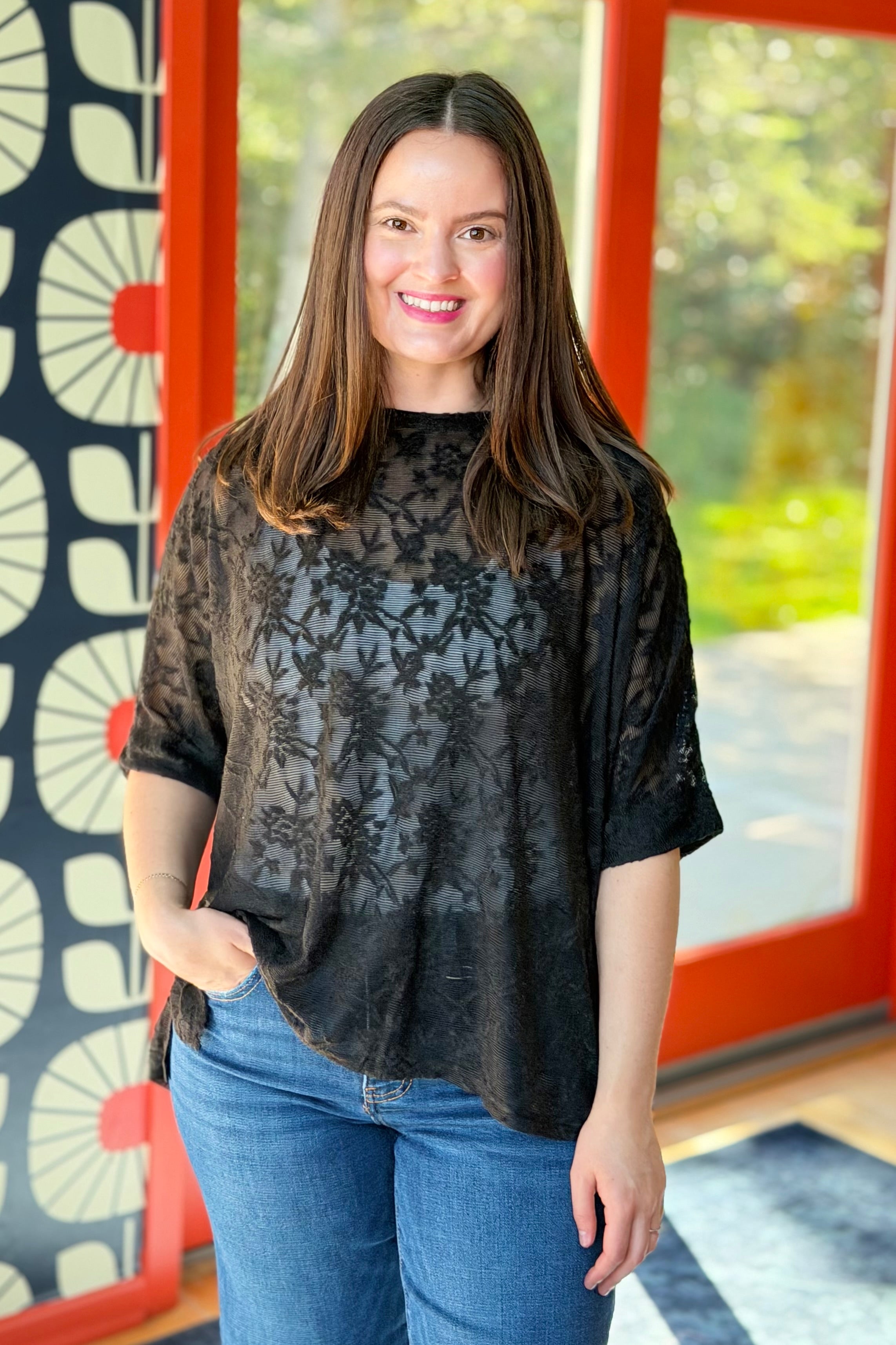 Lace Sheer Crew Neck Tee - Black