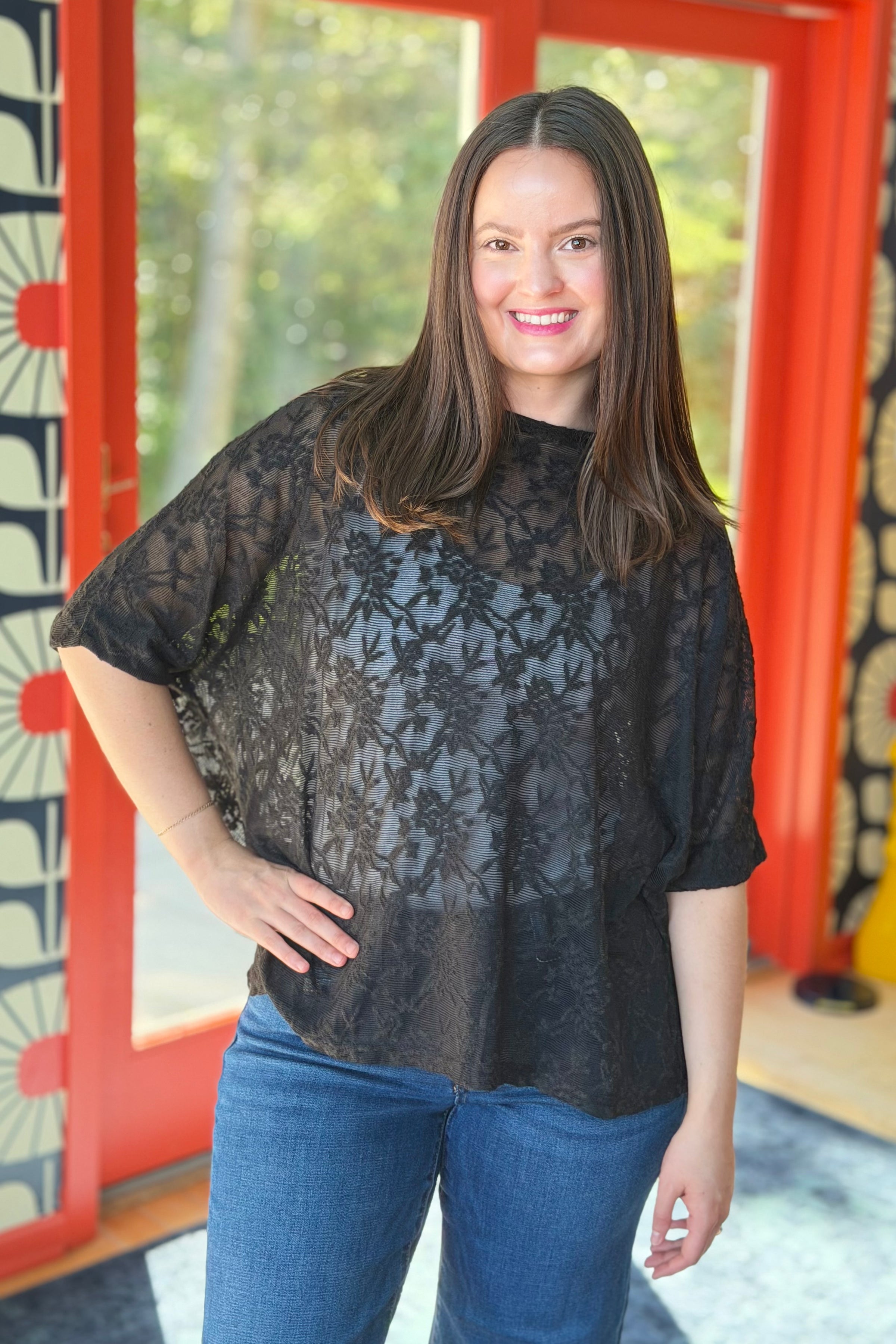 Lace Sheer Crew Neck Tee - Black