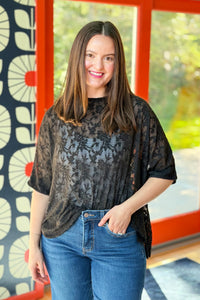 Lace Sheer Crew Neck Tee - Black