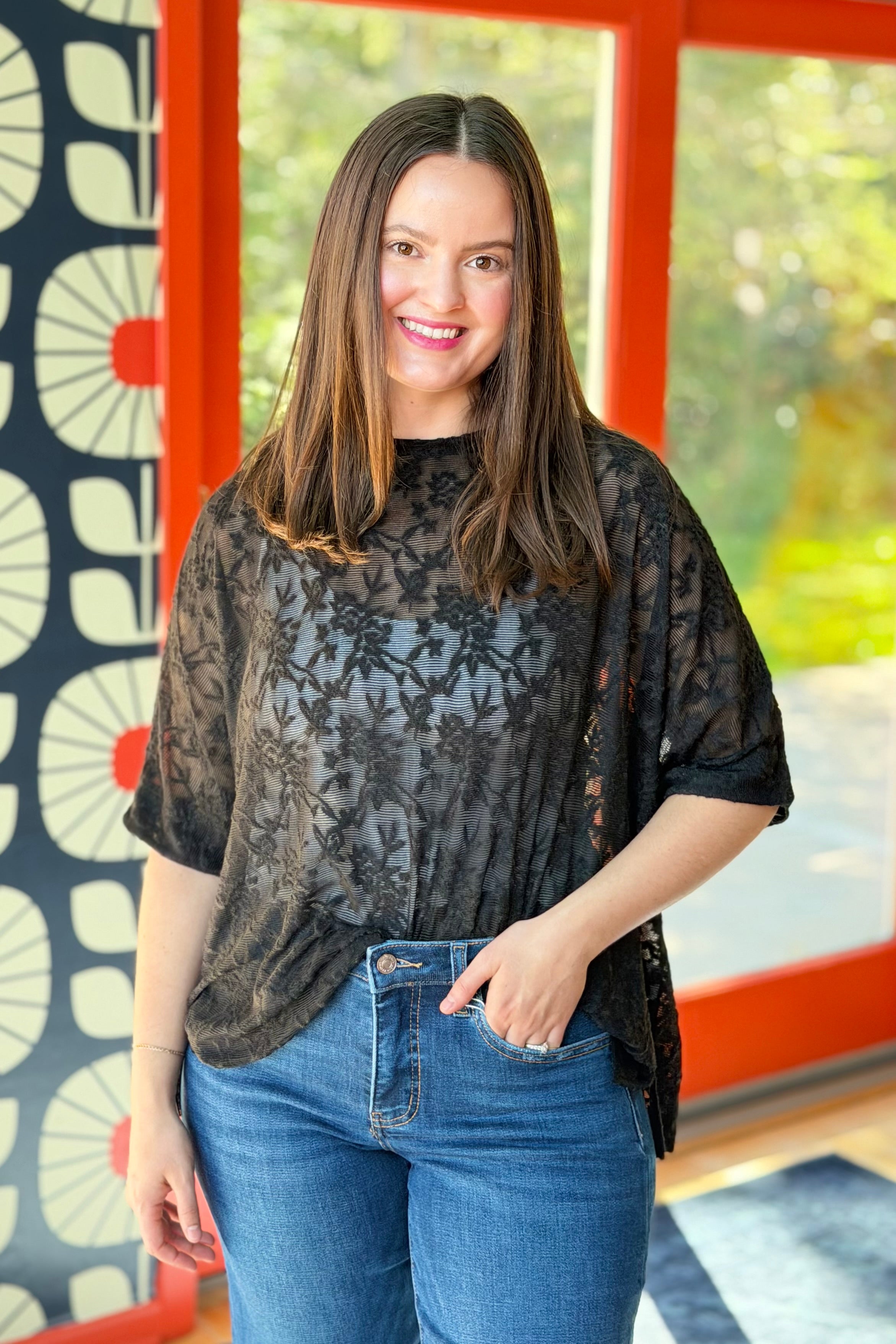 Lace Sheer Crew Neck Tee - Black