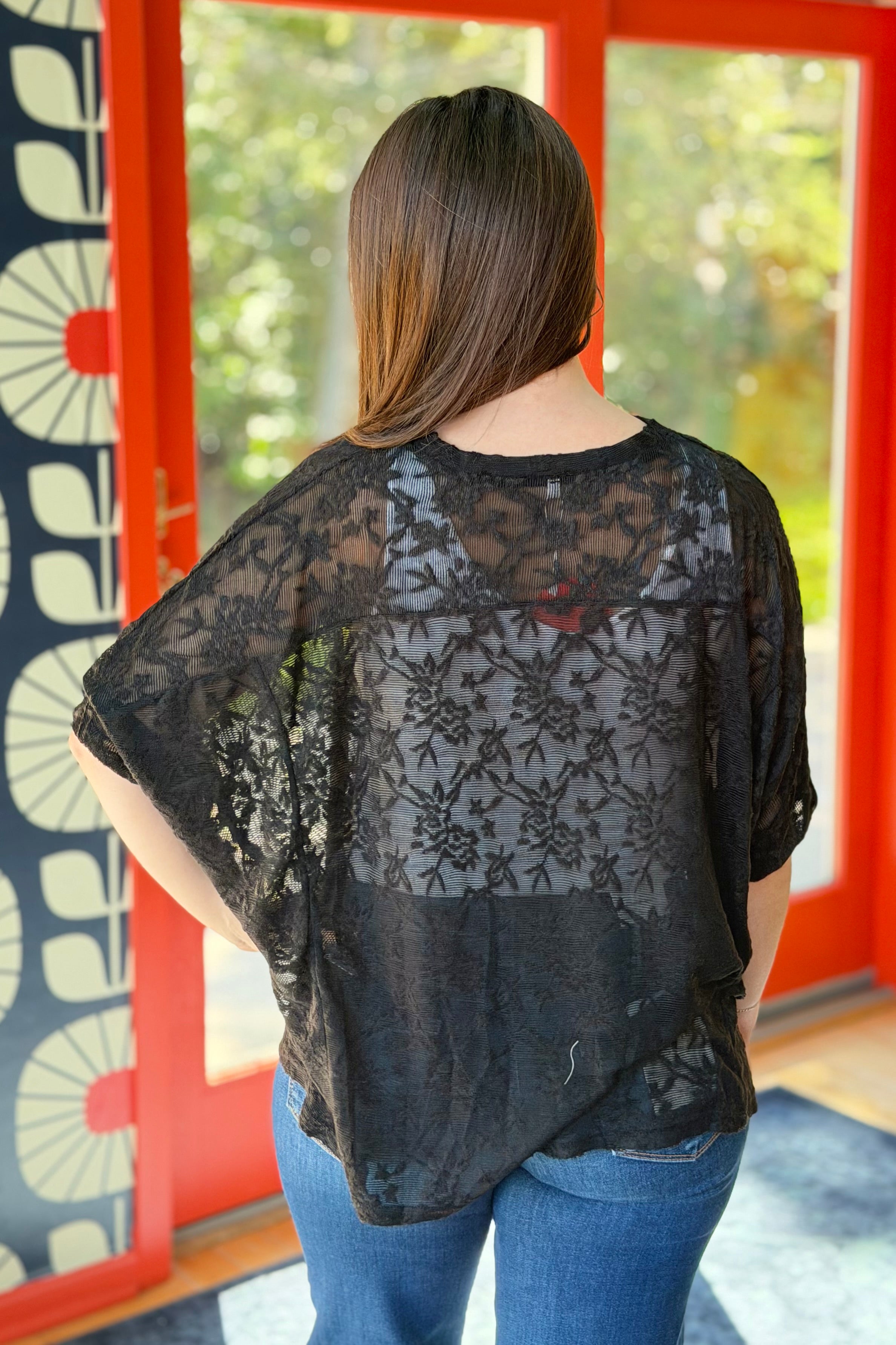 Lace Sheer Crew Neck Tee - Black