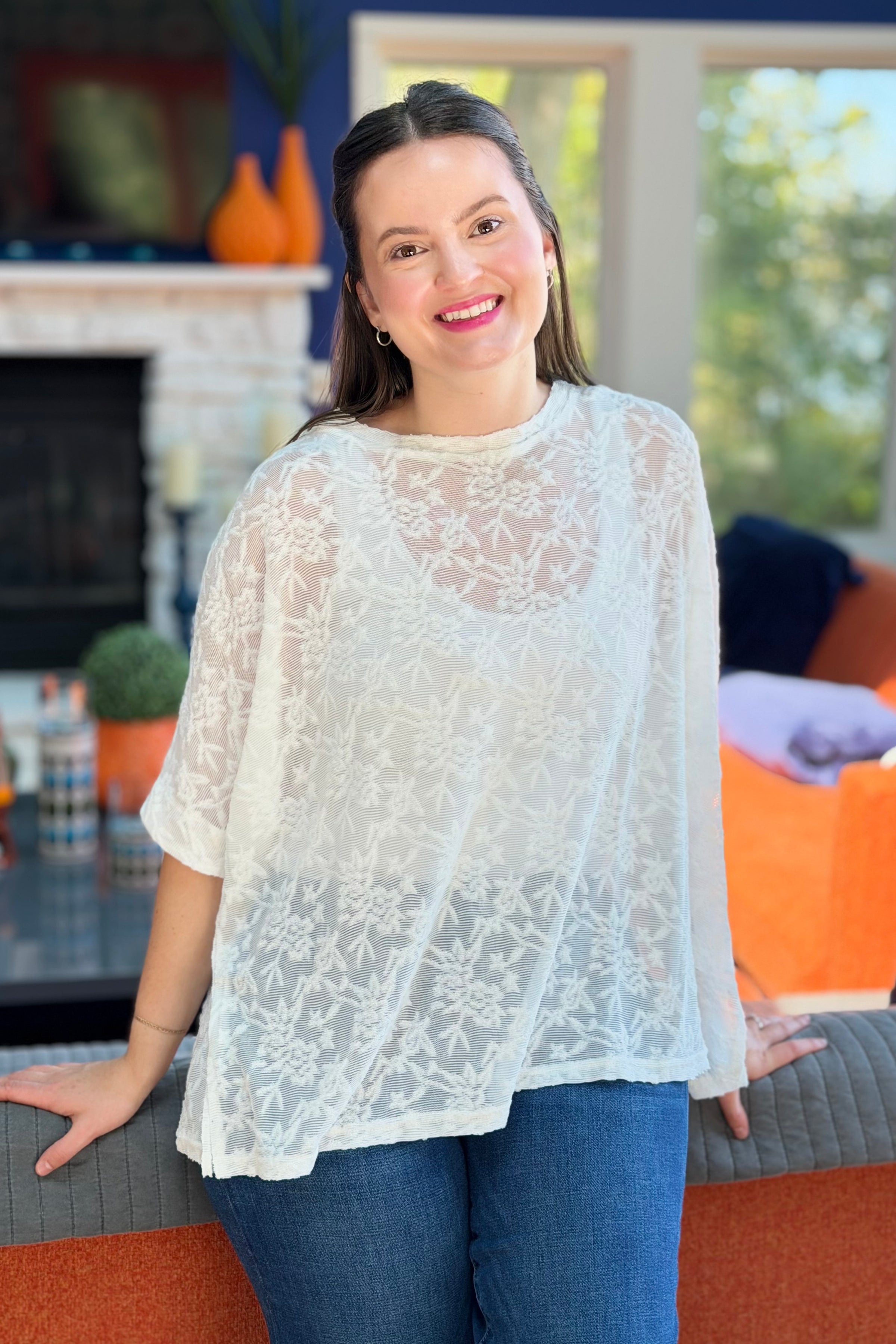 Lace Sheer Crew Neck Tee - White