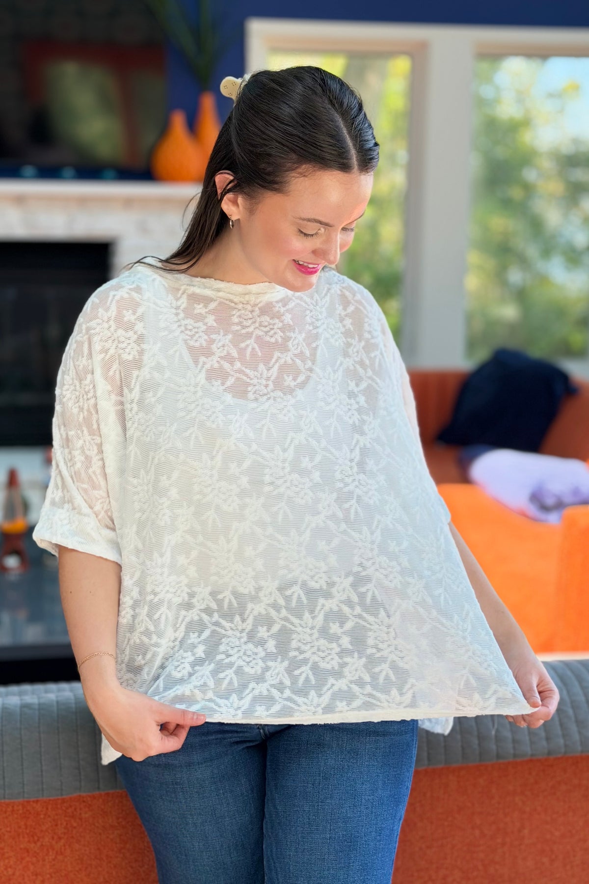 Lace Sheer Crew Neck Tee - White
