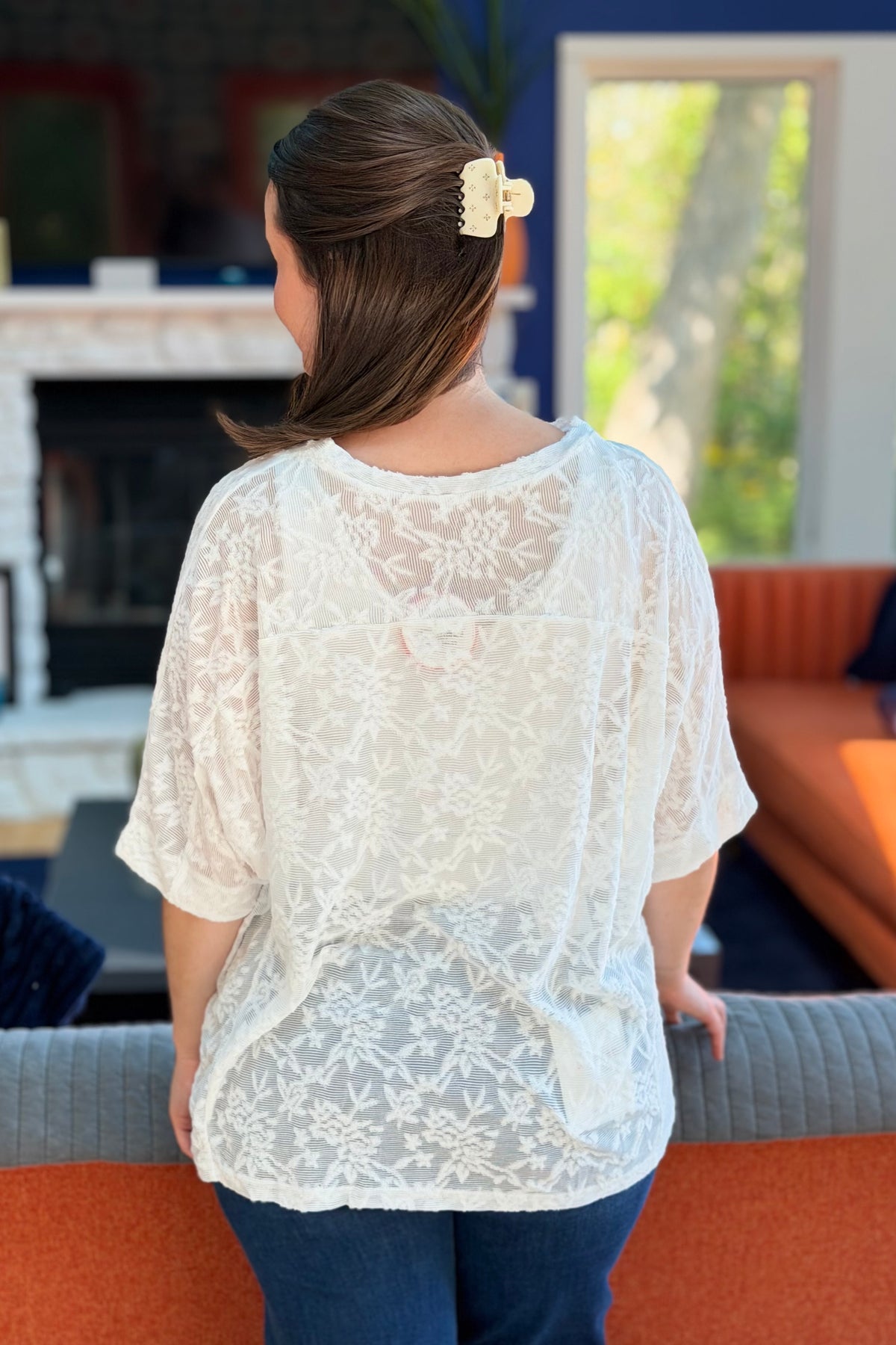 Lace Sheer Crew Neck Tee - White