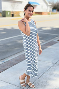 Ribbed Body Con Dress Navy & White