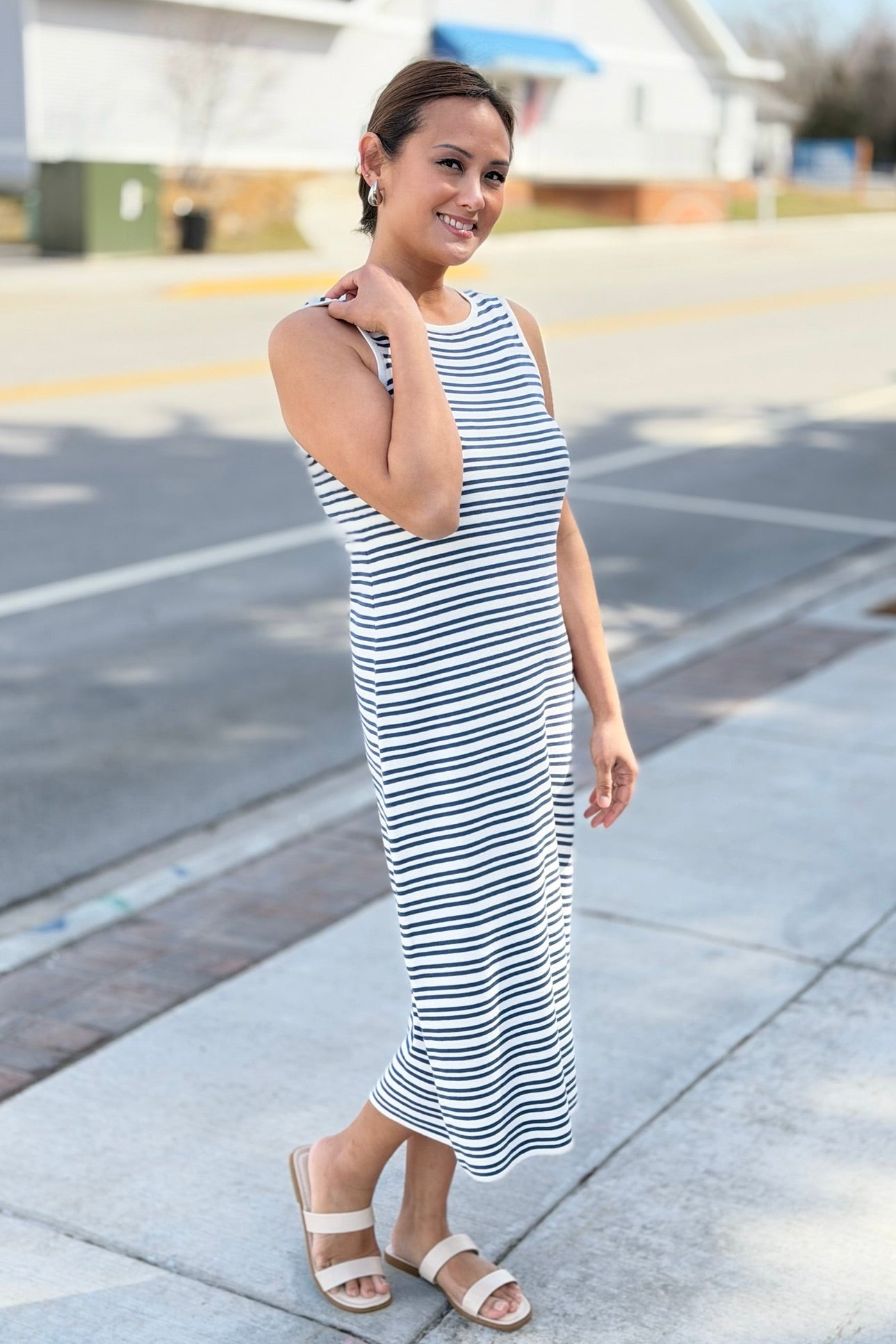 Ribbed Body Con Dress Navy & White