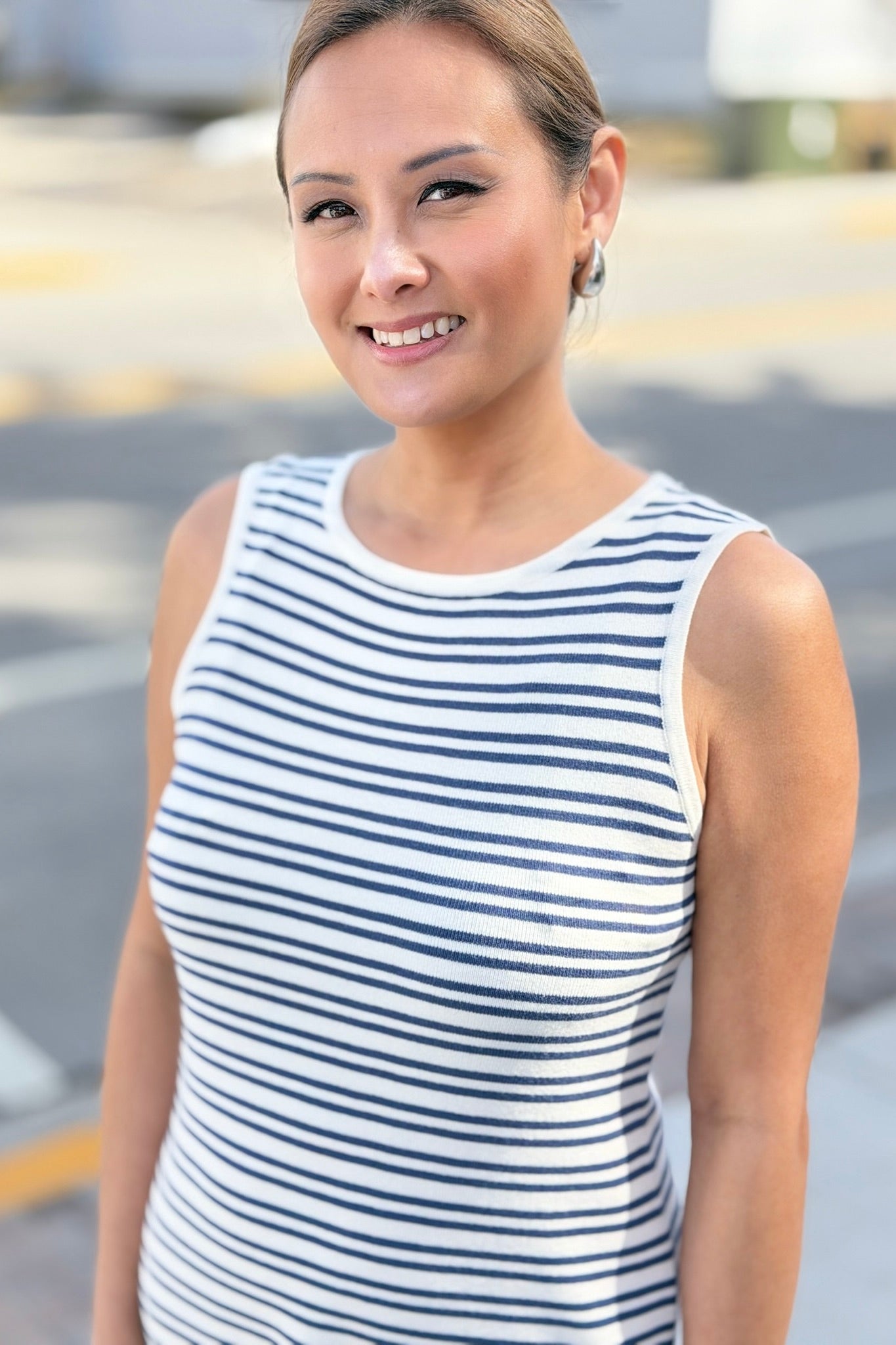 Ribbed Body Con Dress Navy & White