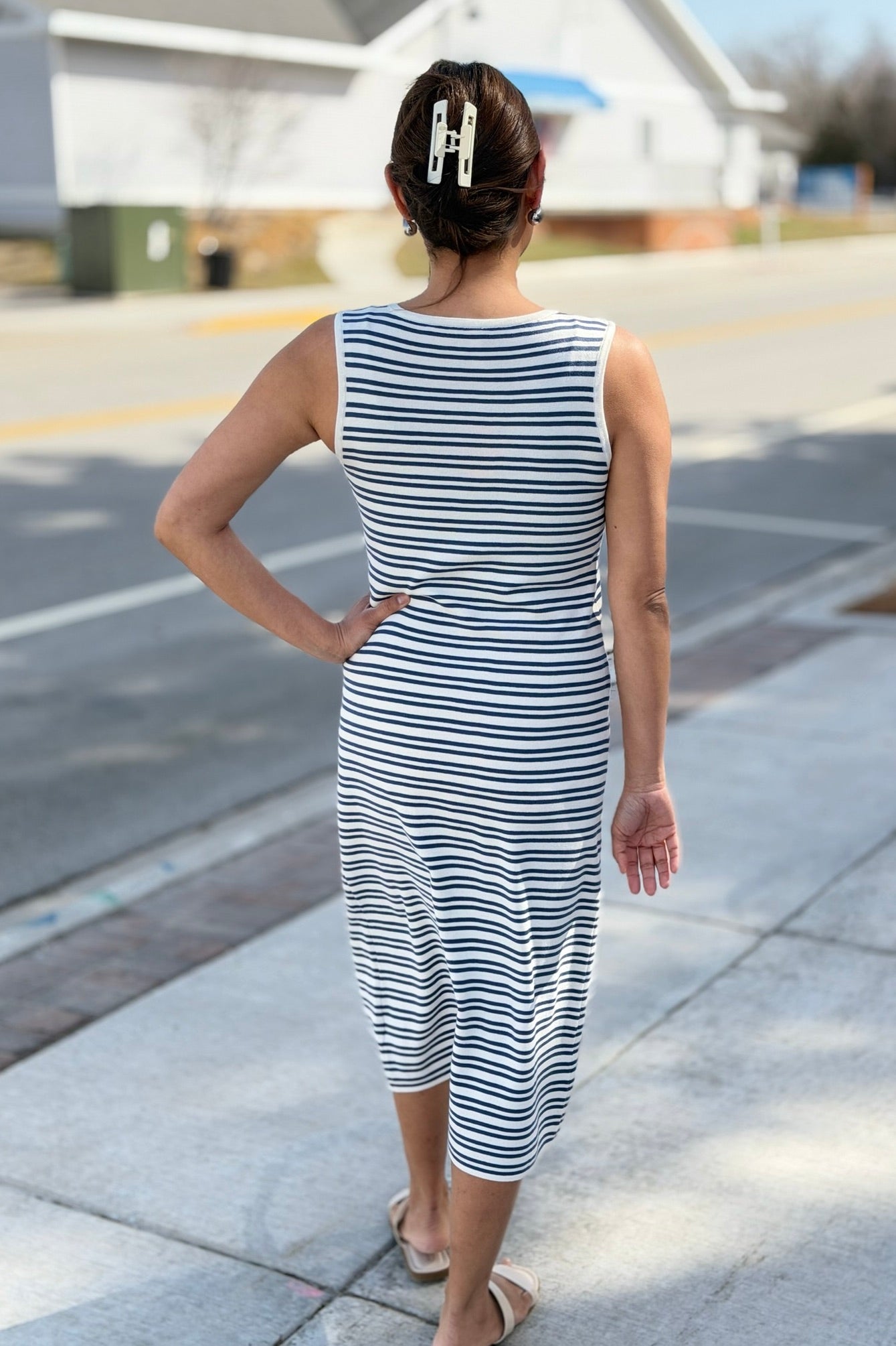 Ribbed Body Con Dress Navy & White