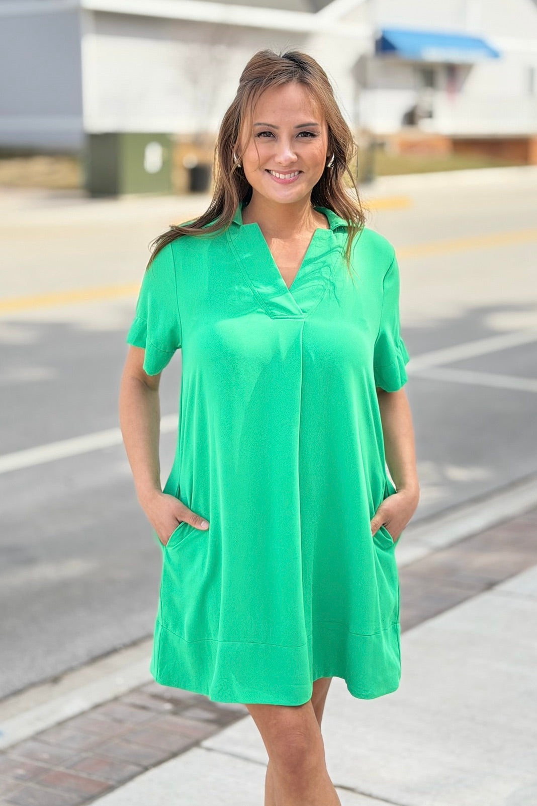 Short Sleeve Collared Dress - Green