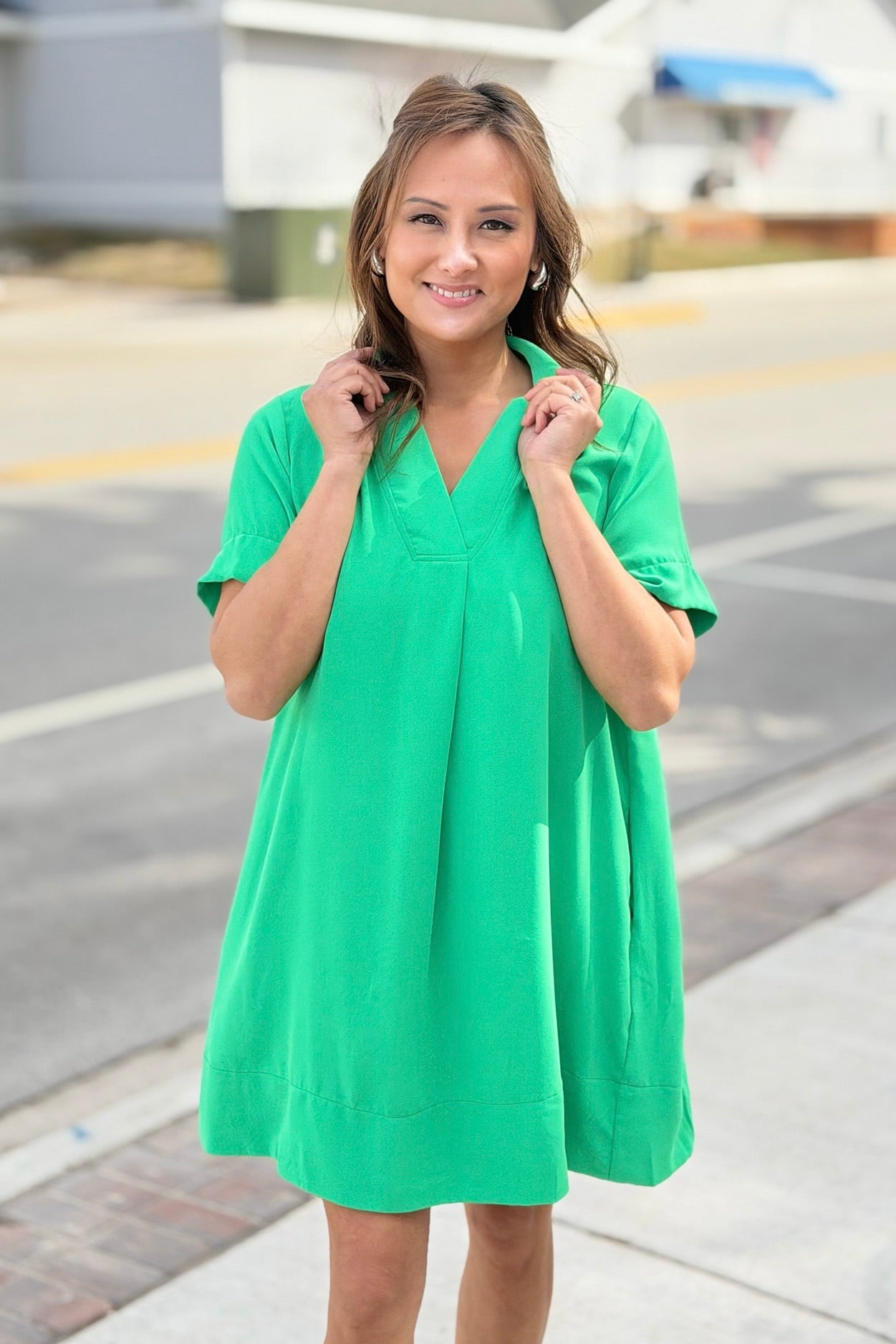 Short Sleeve Collared Dress - Green