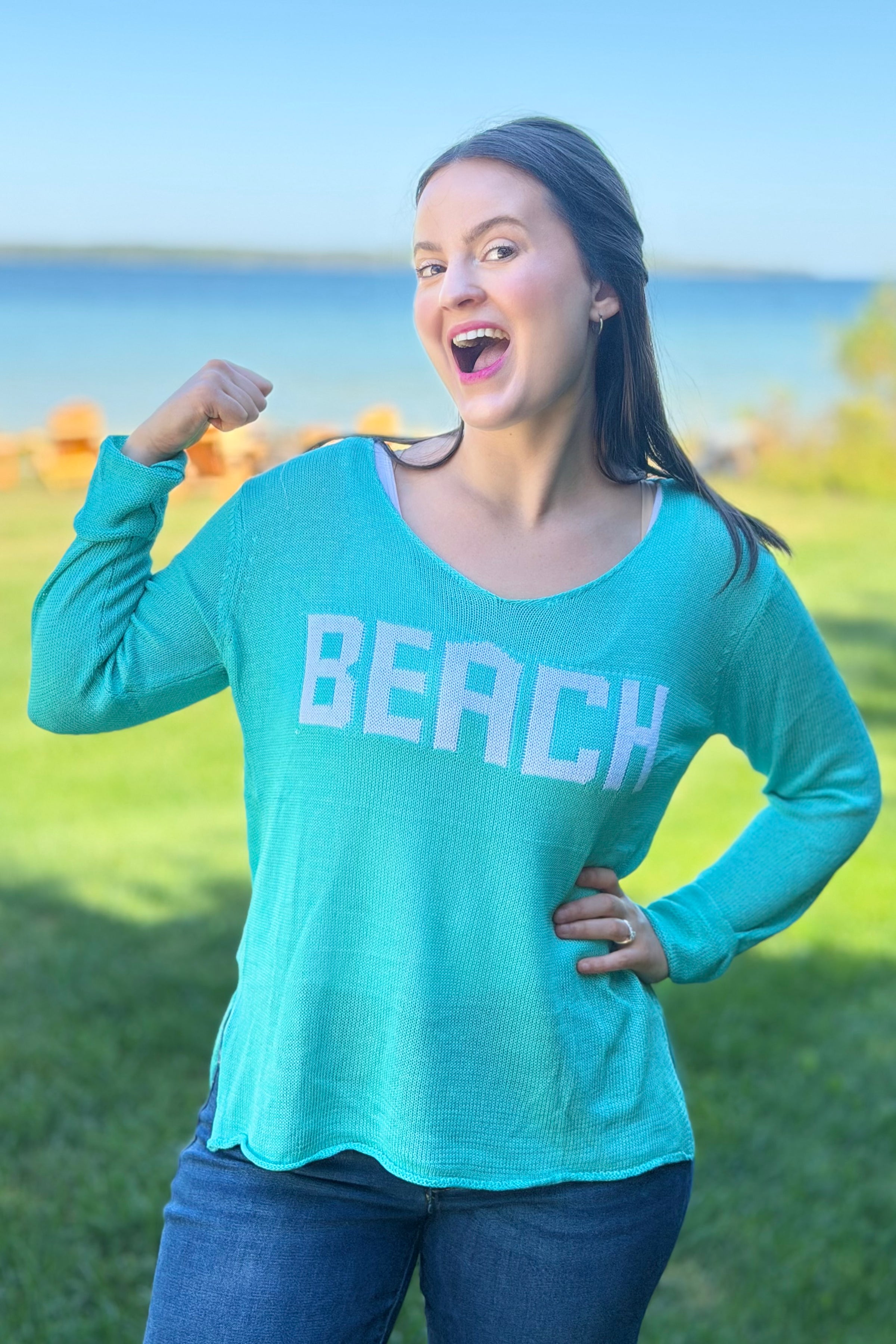 Beach - V-Neck Hollow Knit Top