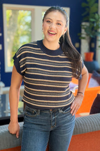 Short Sleeve Crewneck Sweater - Navy Stripe