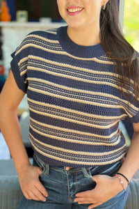 Short Sleeve Crewneck Sweater - Navy Stripe