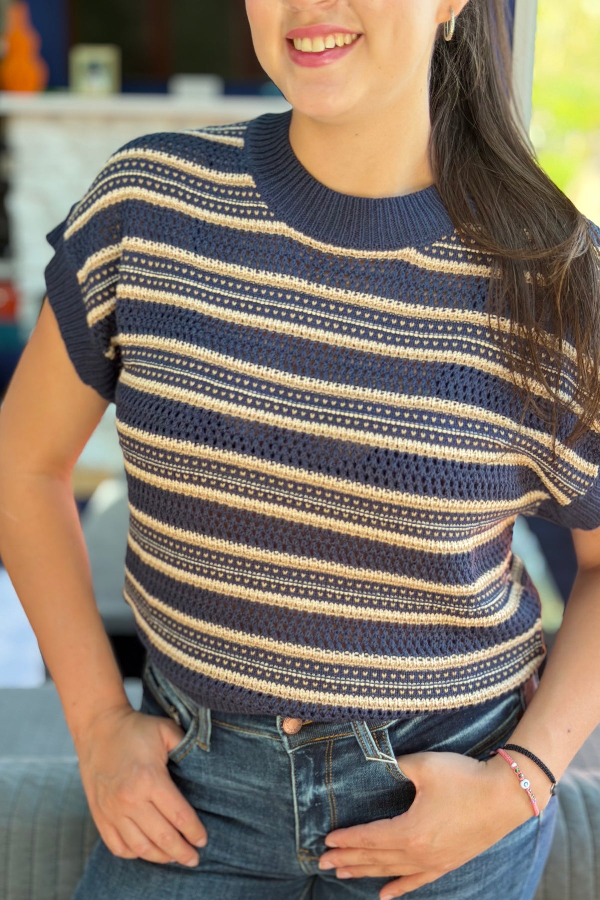 Short Sleeve Crewneck Sweater - Navy Stripe