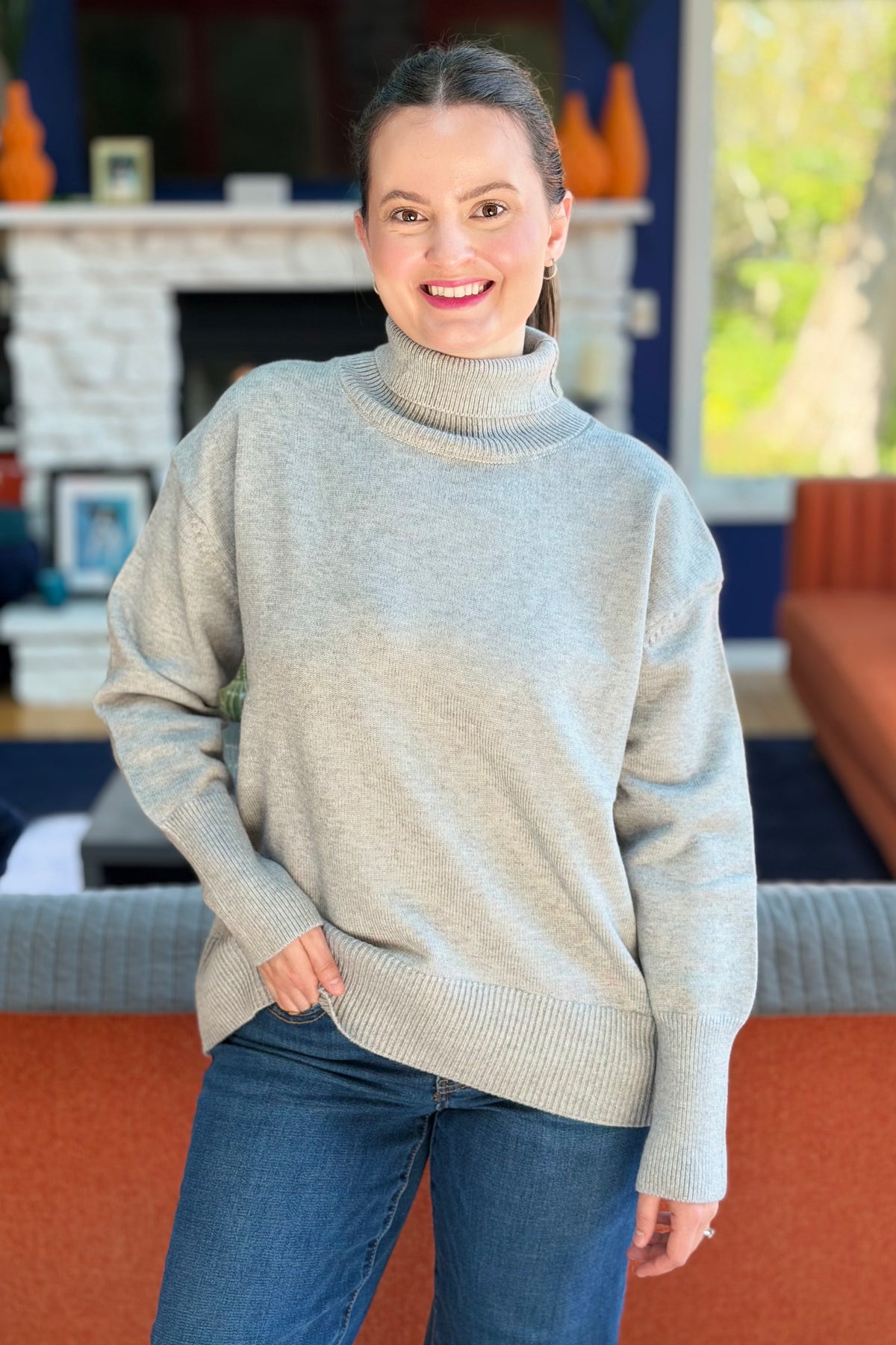 Soft Oversize Turtleneck Sweater - Grey