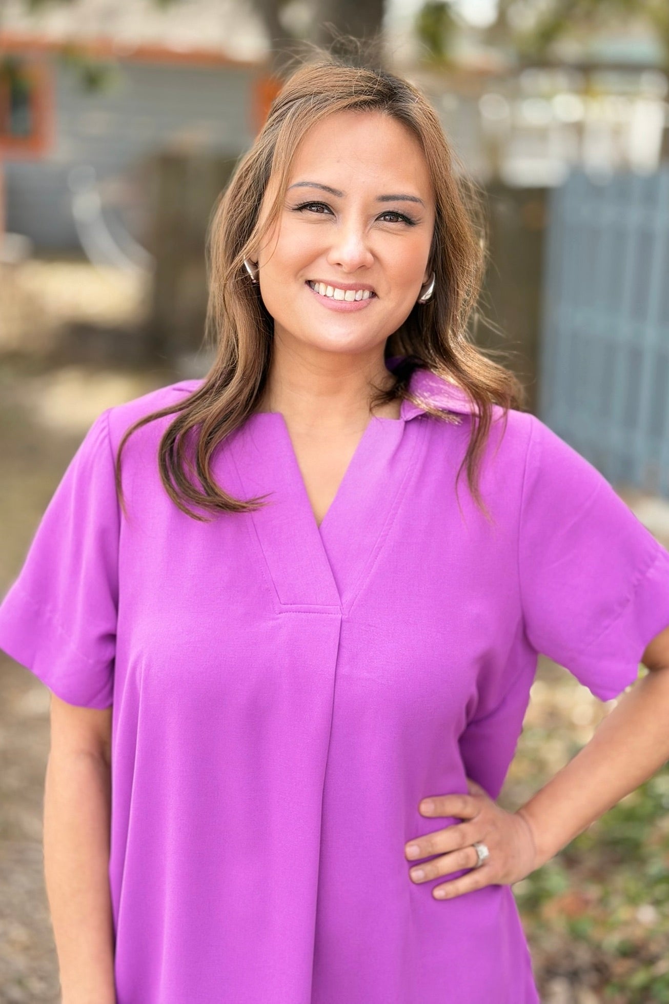 Short Sleeve Collared Dress - Purple