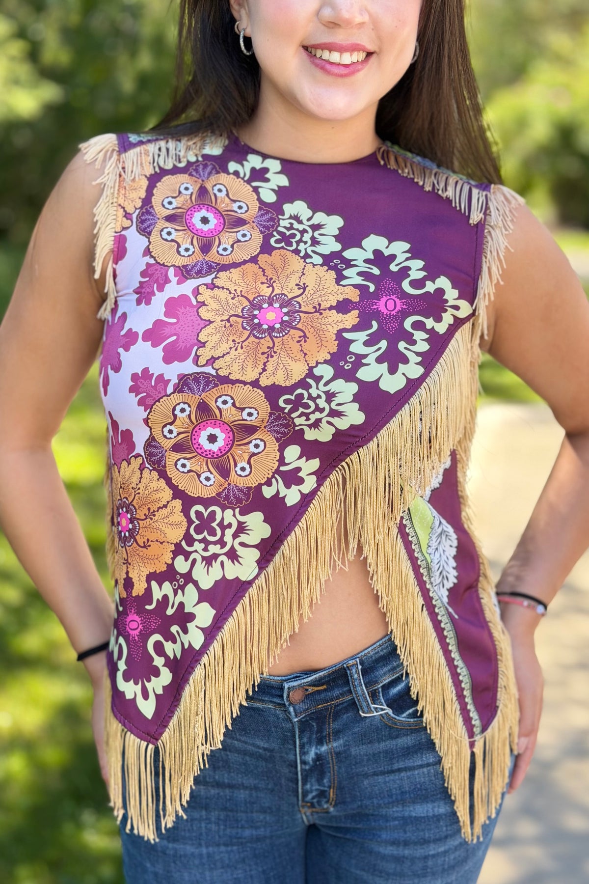 Asymmetric Tassel Trim Scarf Top