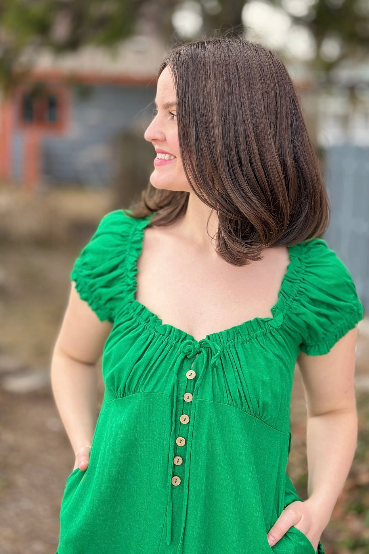 Ruched Short Sleeve Mini Dress - Green