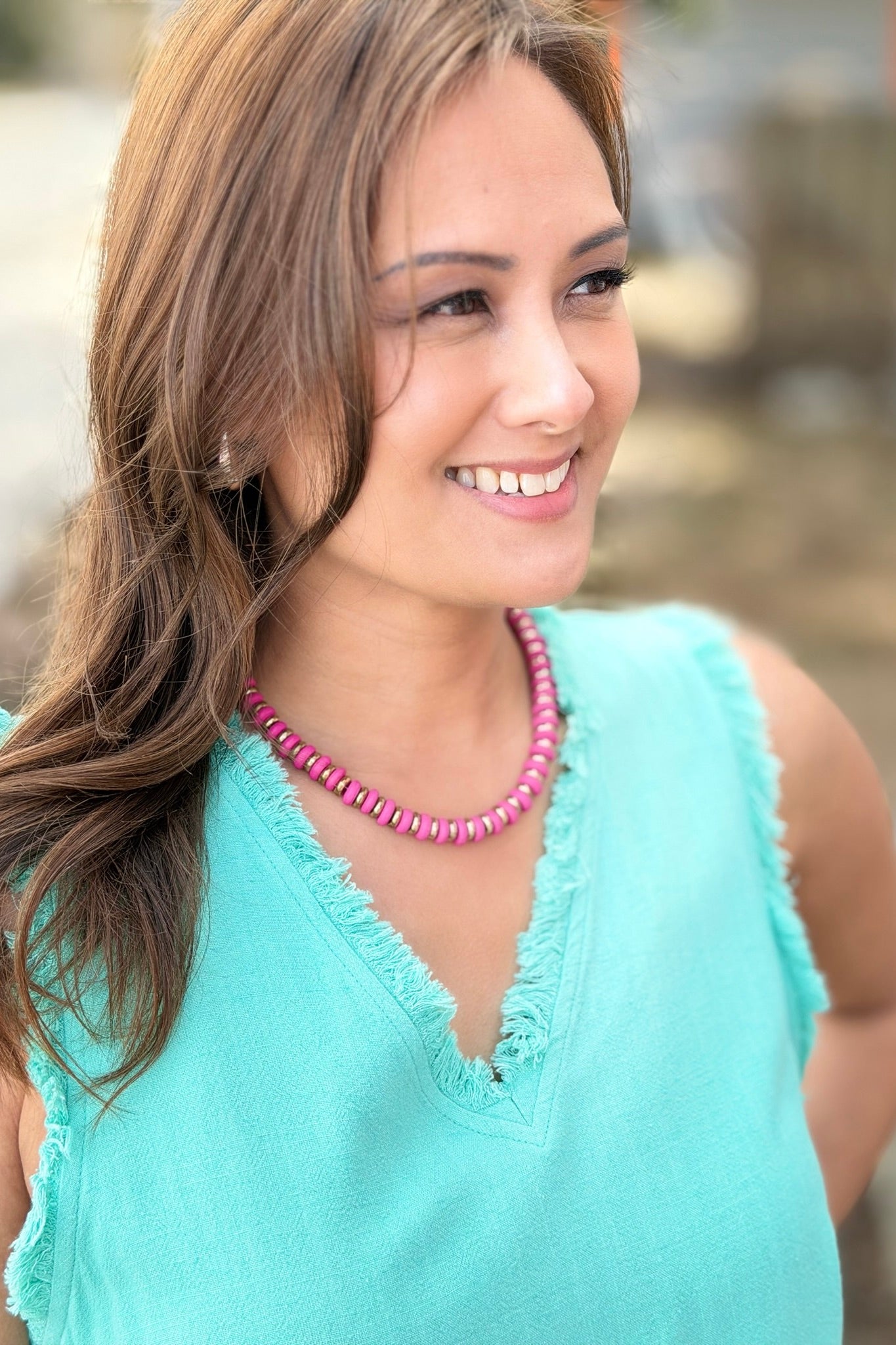 Colorful Wood Disk Bead Necklace - Fuchsia