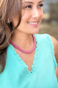 Colorful Wood Disk Bead Necklace - Fuchsia