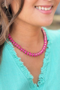 Colorful Wood Disk Bead Necklace - Fuchsia