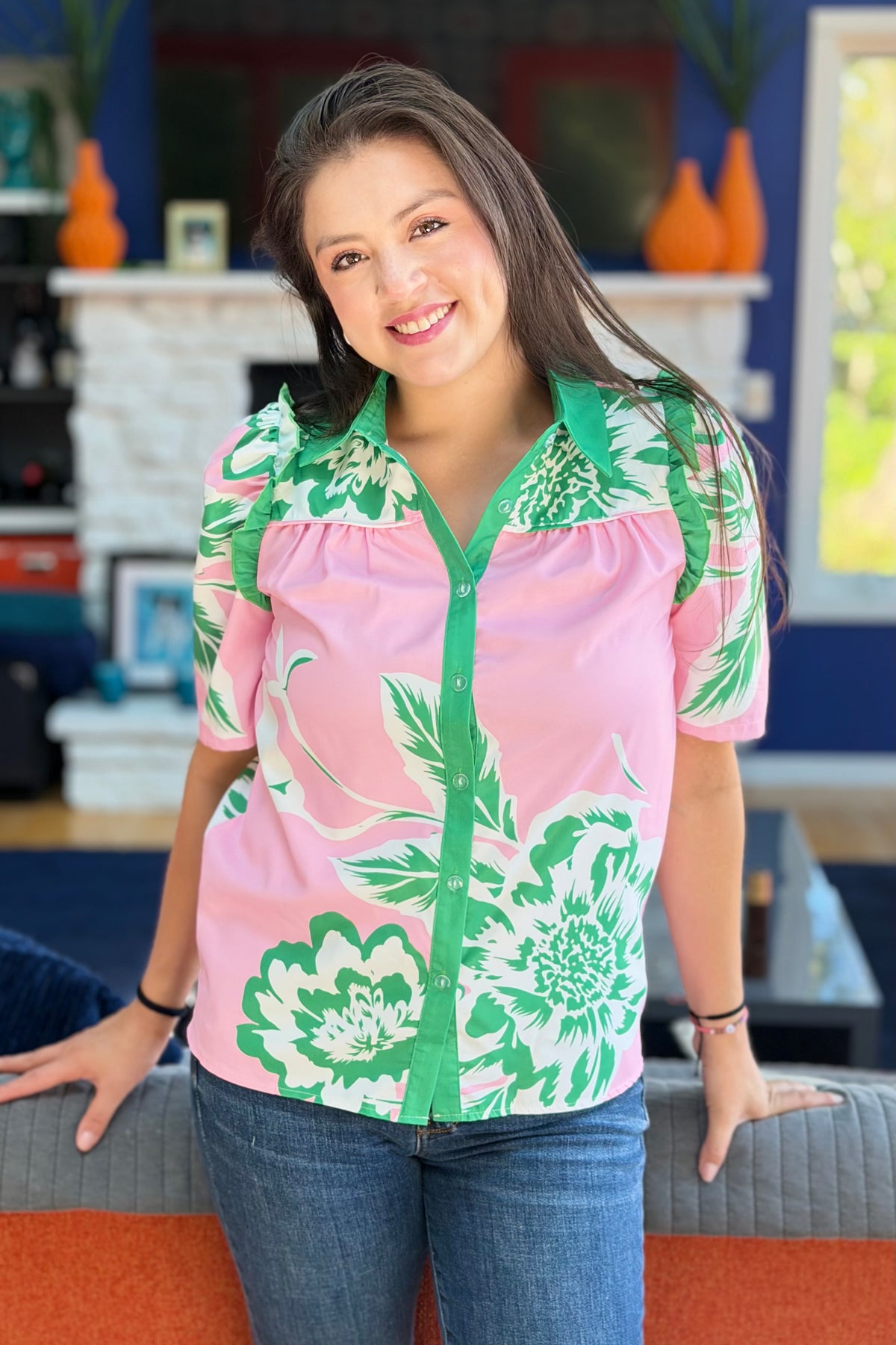 Floral Printed Ruffle Top - Green
