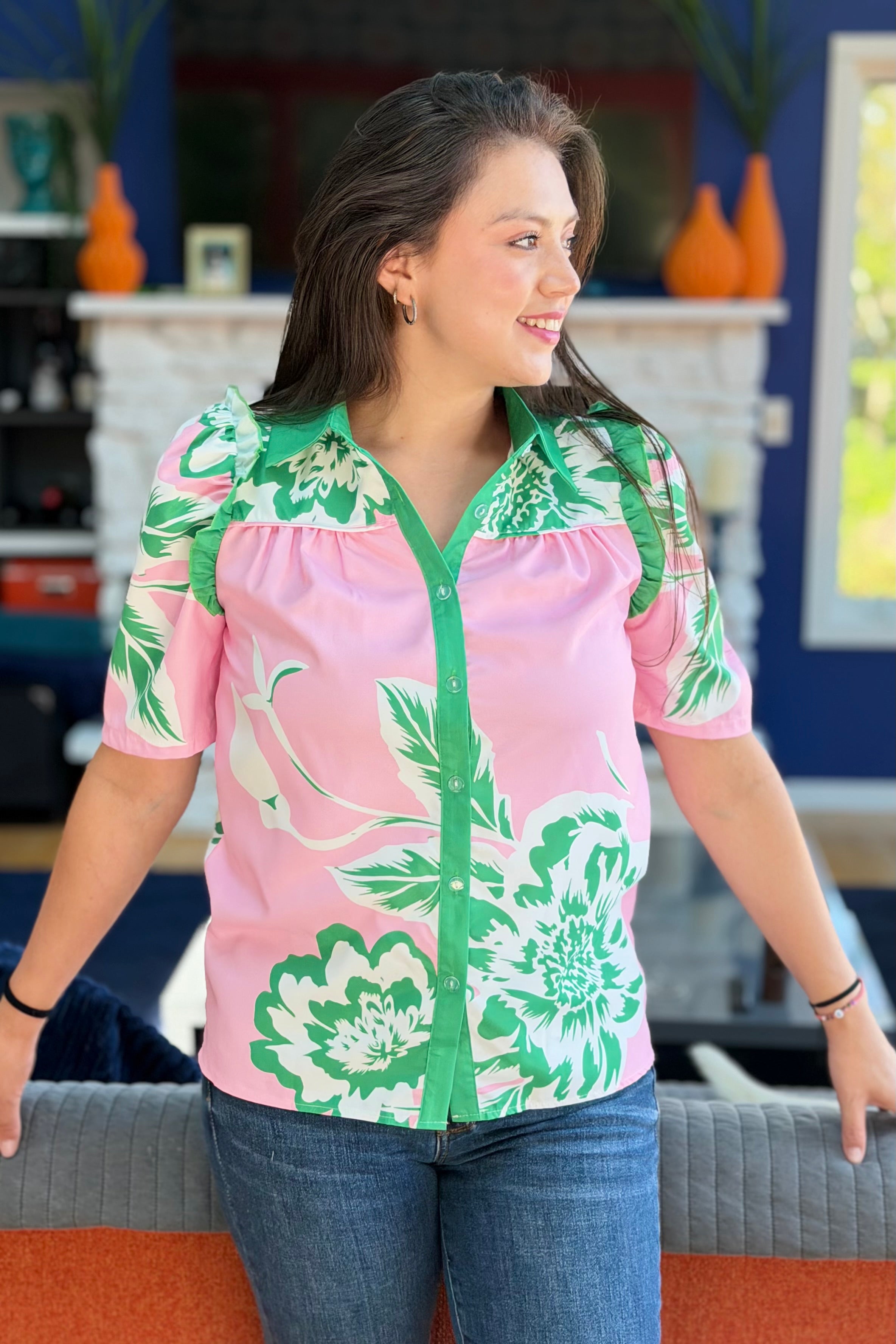 Floral Printed Ruffle Top - Green