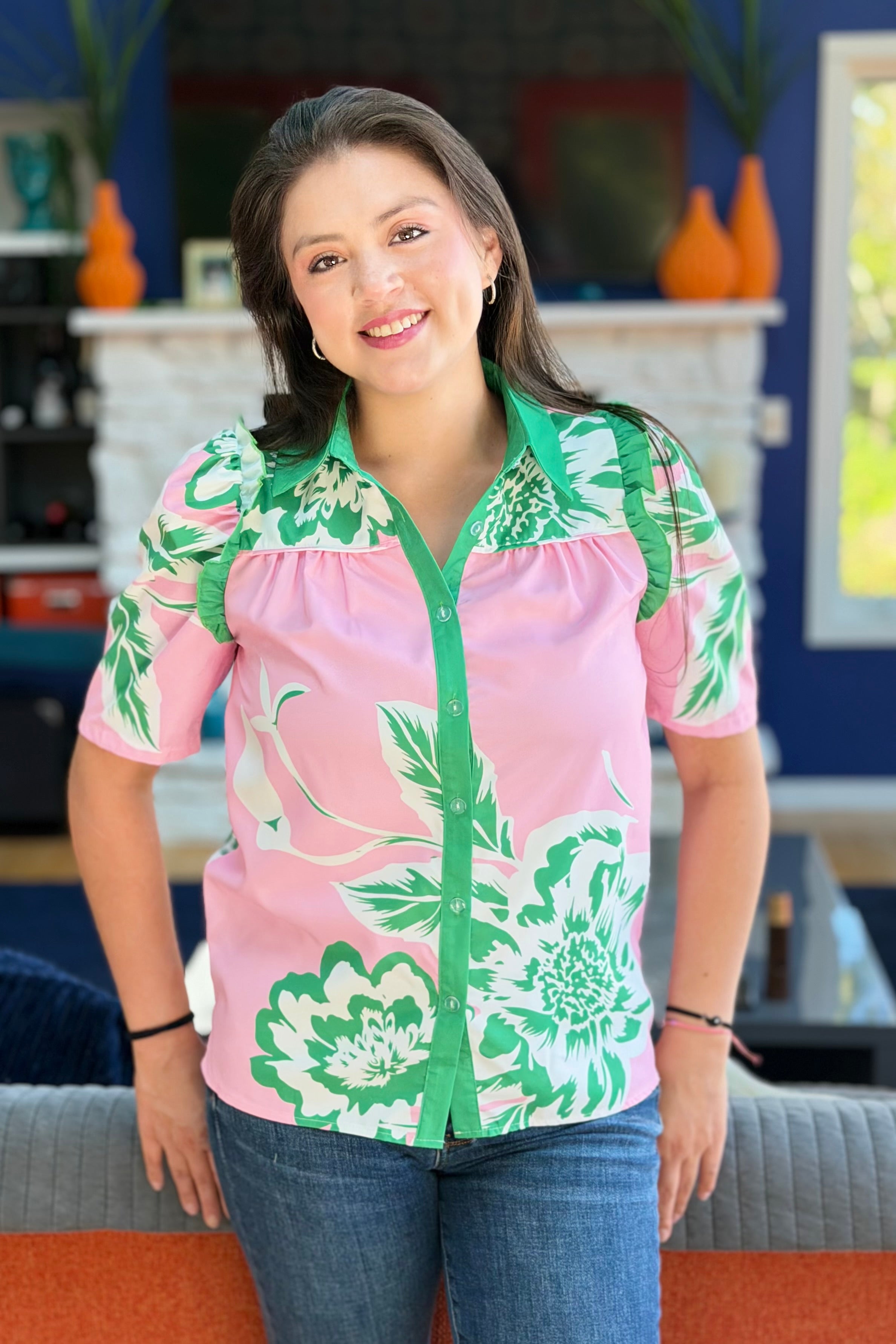 Floral Printed Ruffle Top - Green