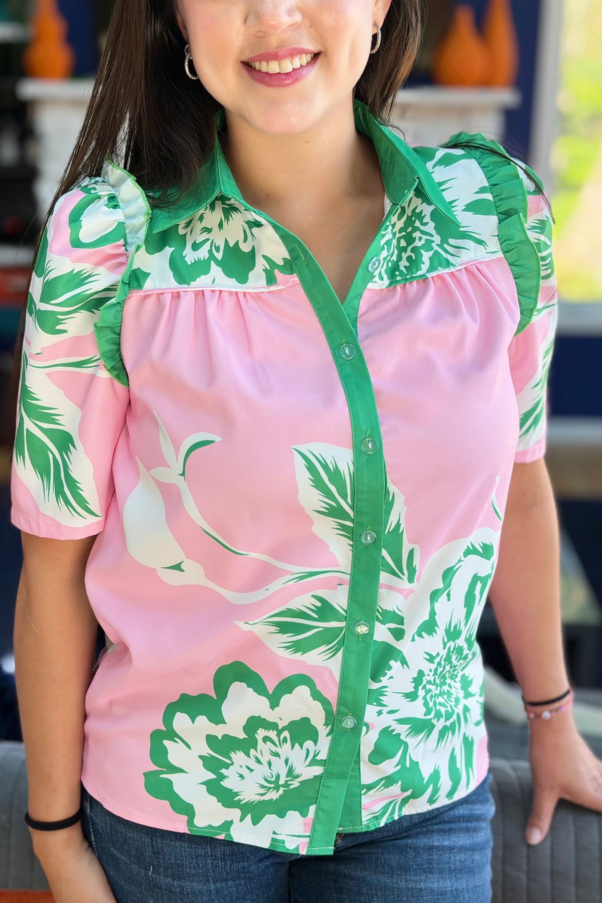 Floral Printed Ruffle Top - Green