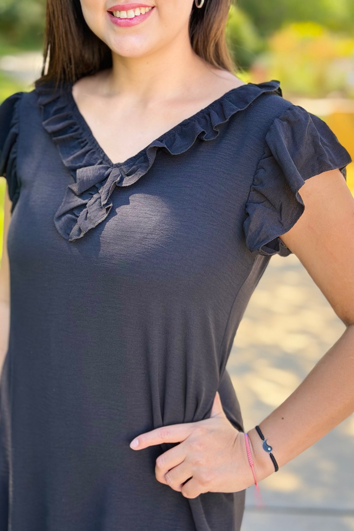 Loose Fit Ruffle Collar Dress - Black