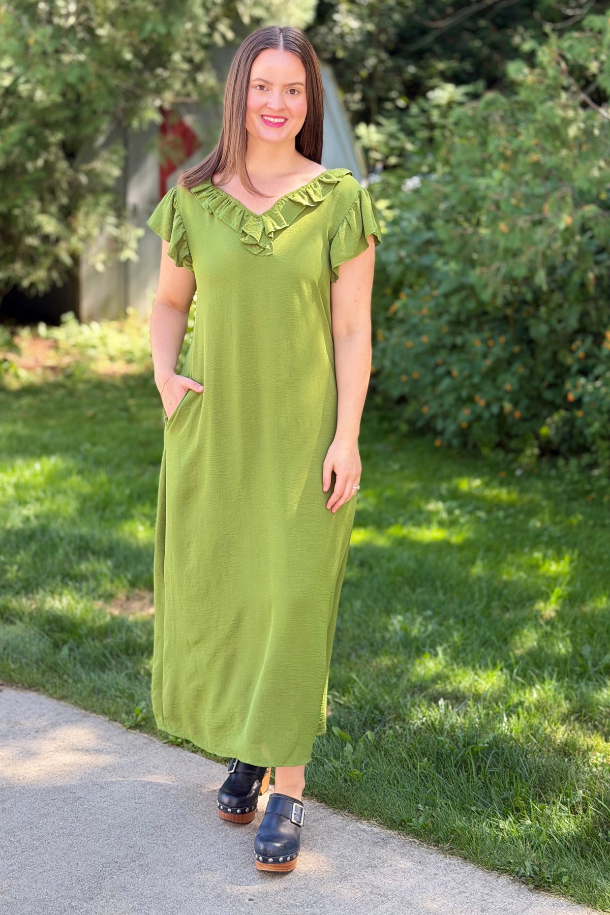 Loose Fit Ruffle Collar Dress - Green