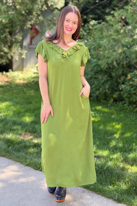 Loose Fit Ruffle Collar Dress - Green