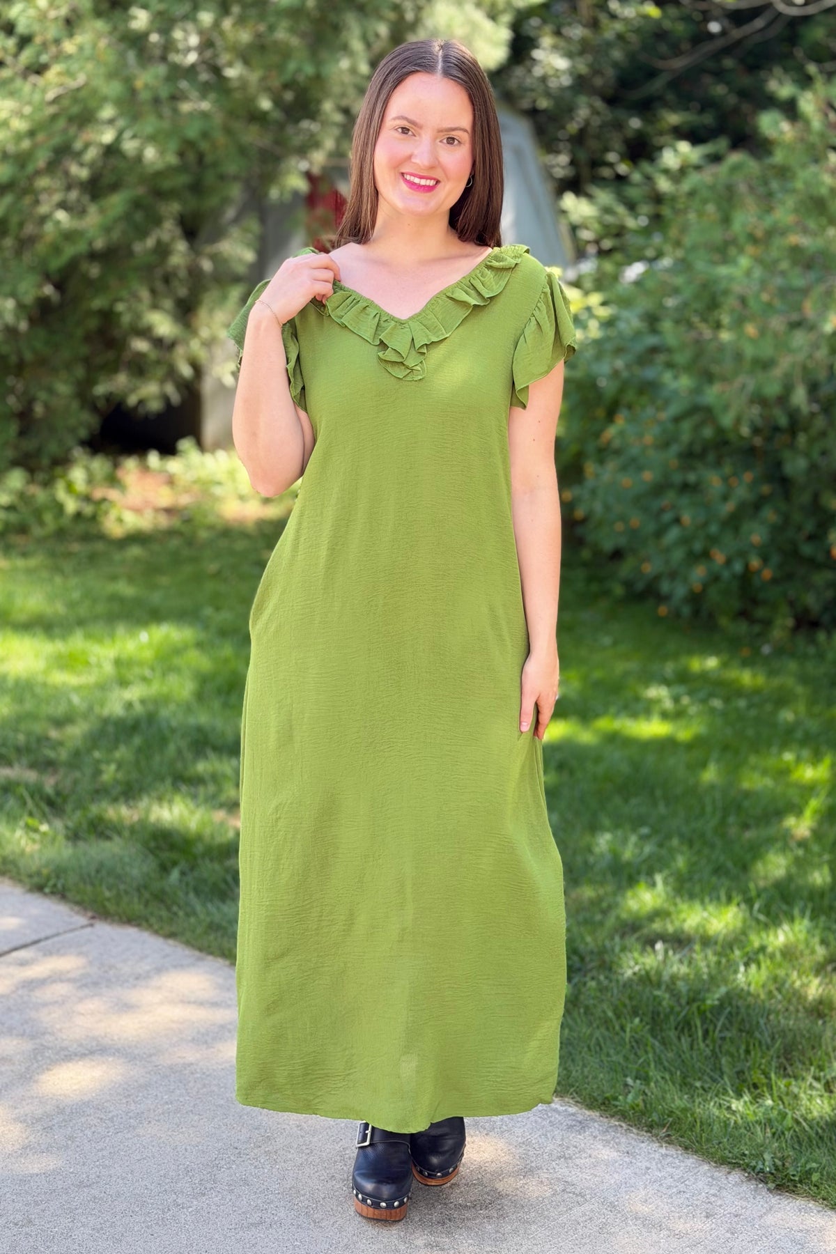 Loose Fit Ruffle Collar Dress - Green
