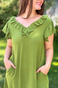 Loose Fit Ruffle Collar Dress - Green