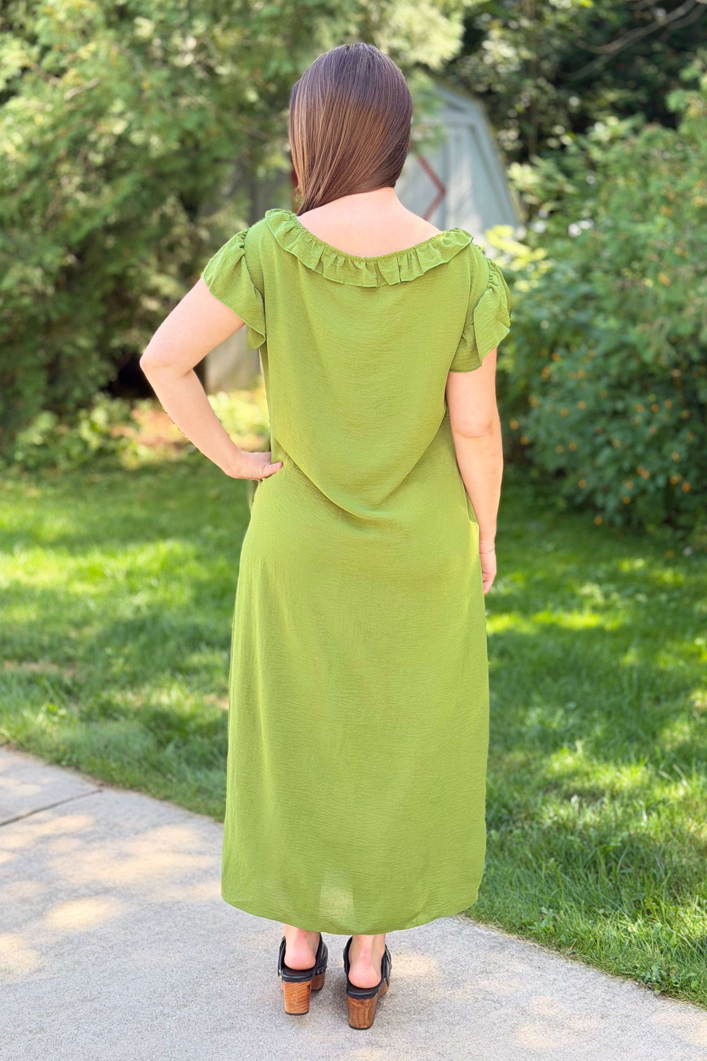 Loose Fit Ruffle Collar Dress - Green