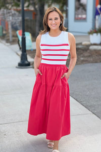 Mixed Media Striped Midi Dress - Red