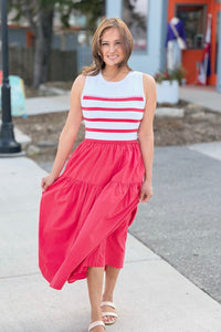 Mixed Media Striped Midi Dress - Red