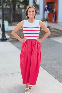 Mixed Media Striped Midi Dress - Red