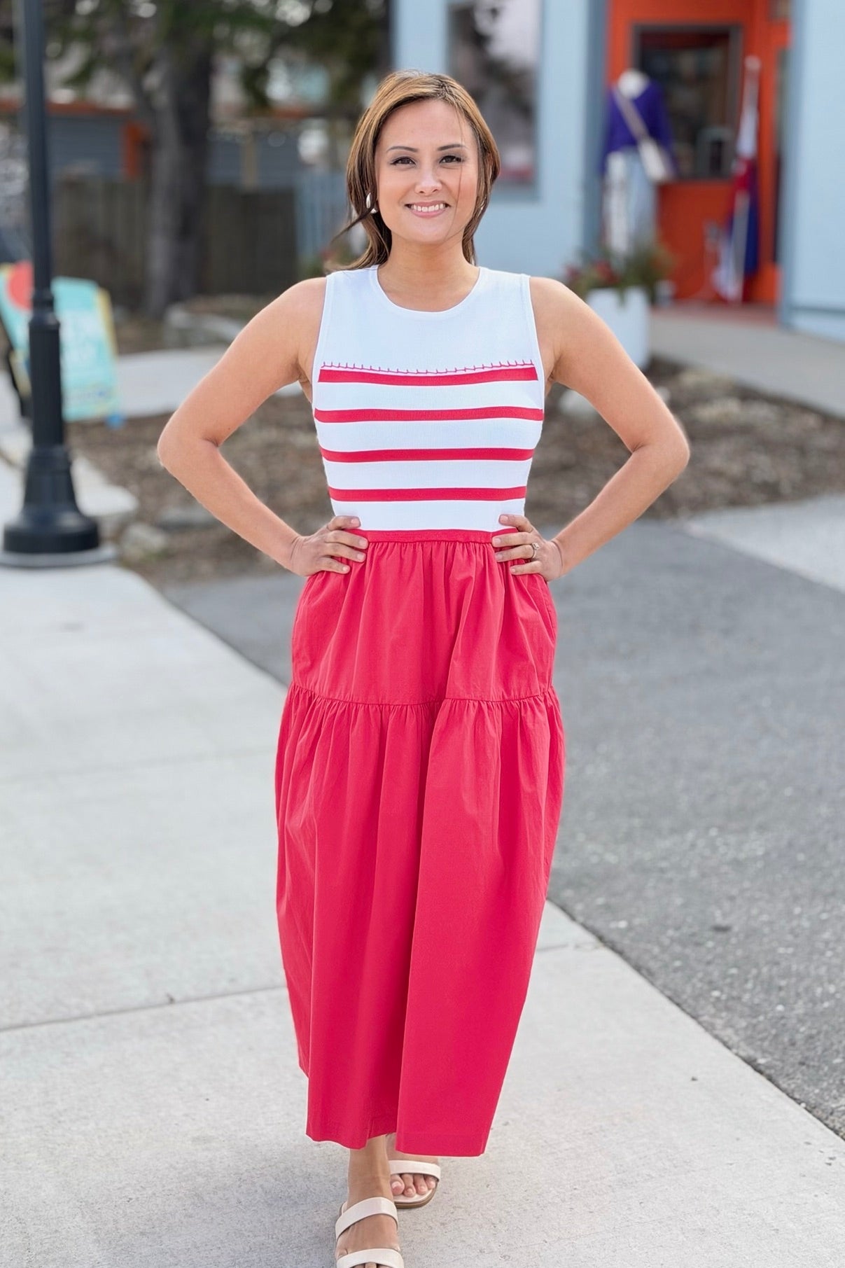 Mixed Media Striped Midi Dress - Red