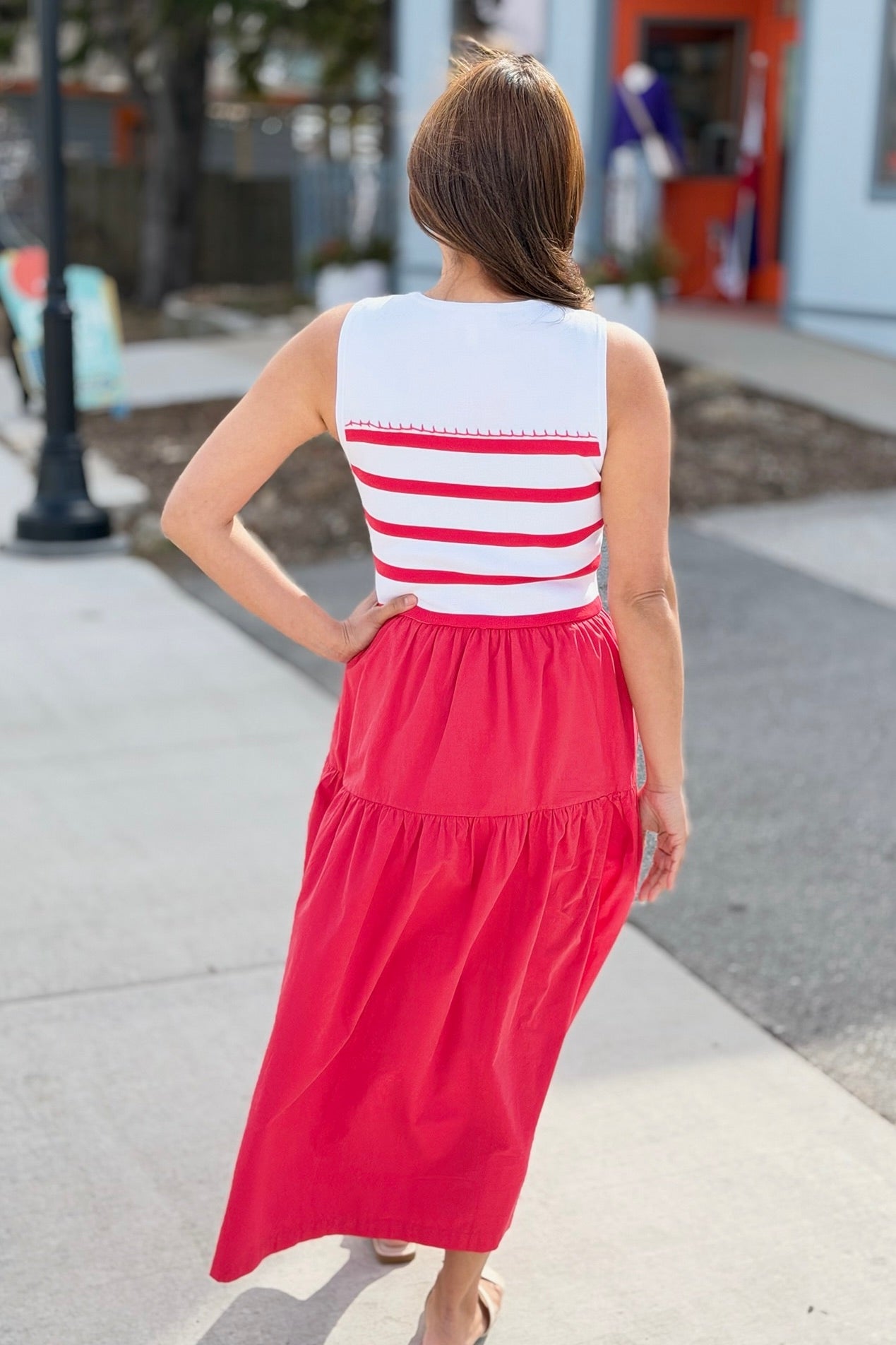 Mixed Media Striped Midi Dress - Red