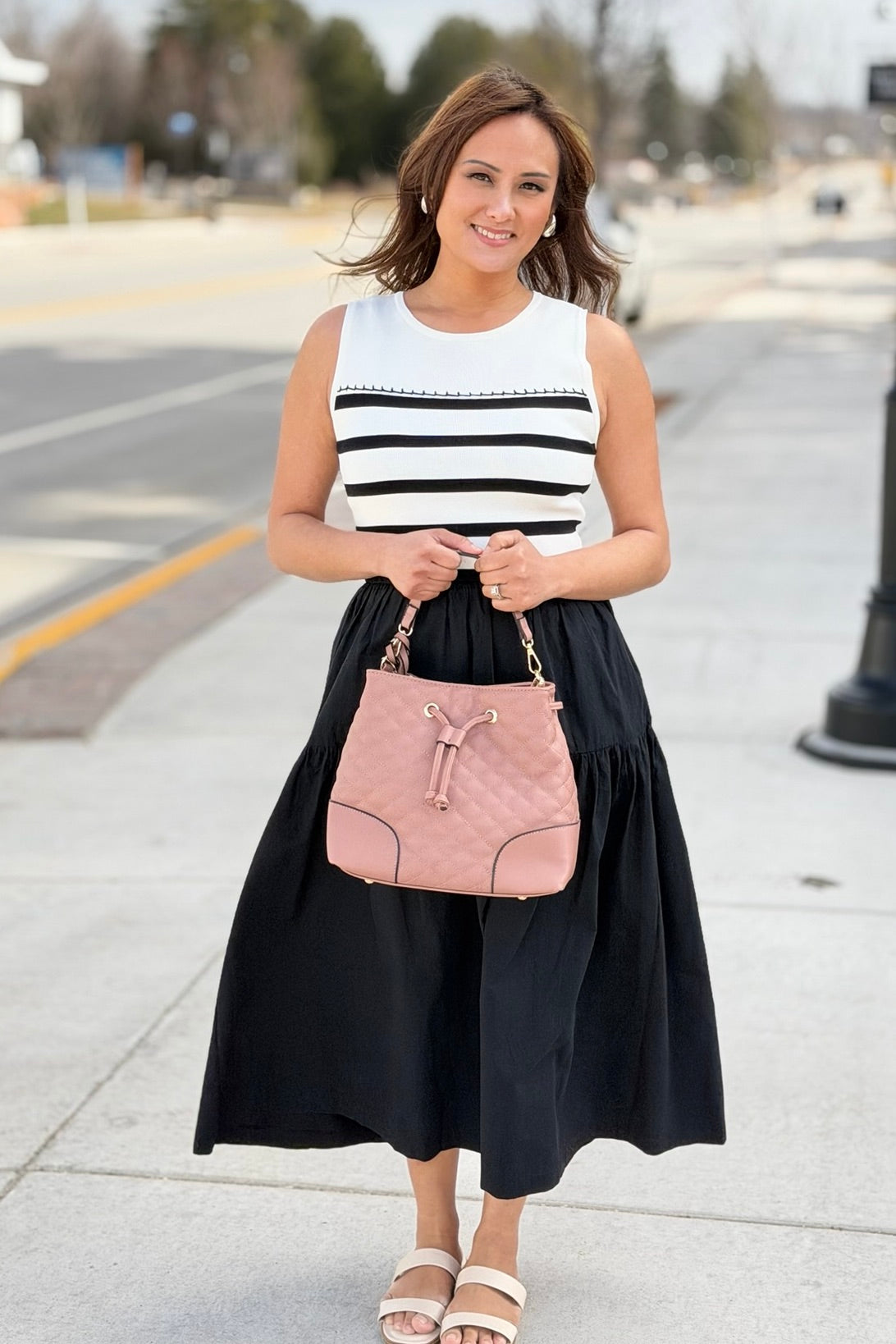 Mixed Media Striped Midi Dress - Black
