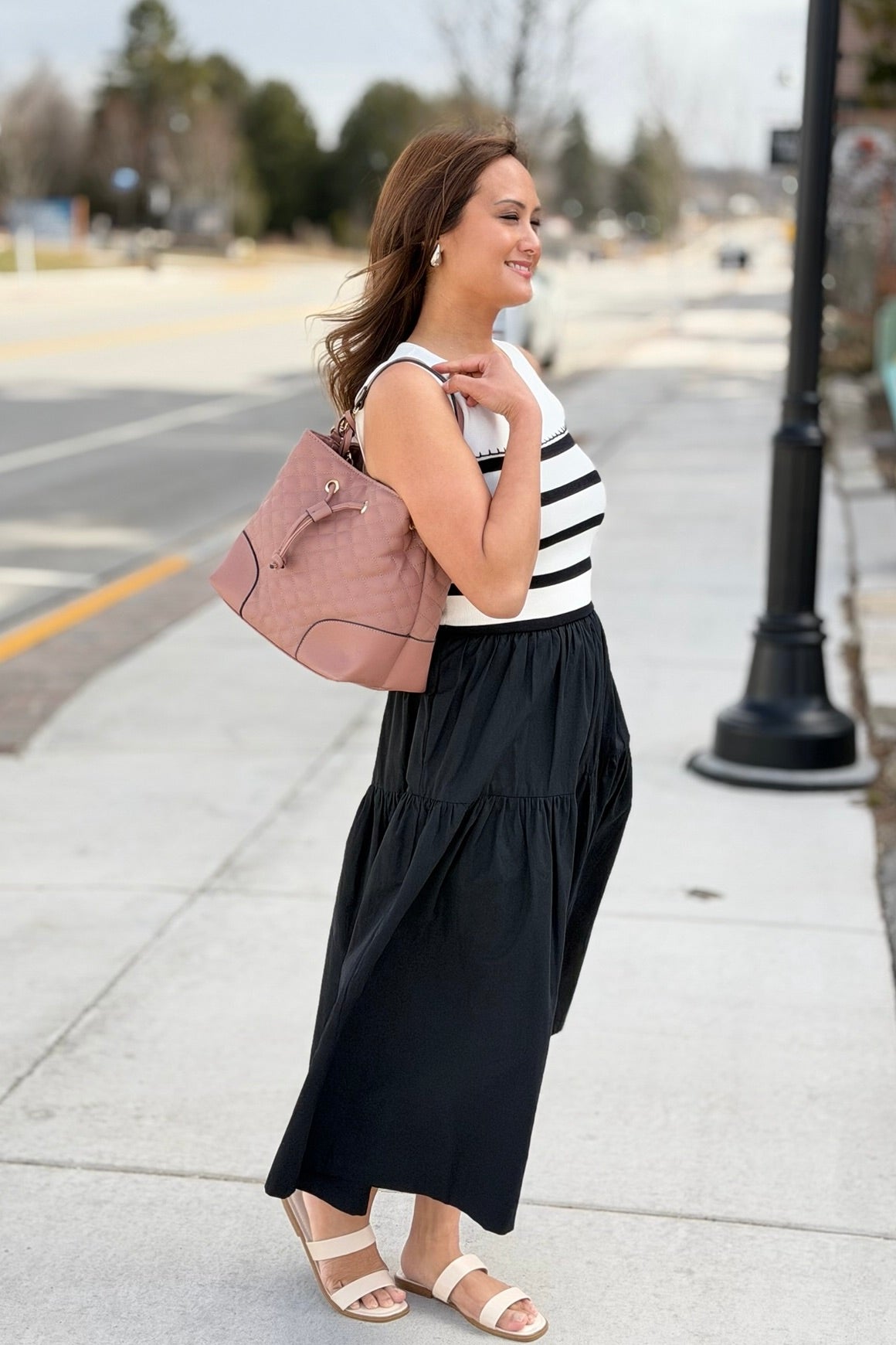 Mixed Media Striped Midi Dress - Black