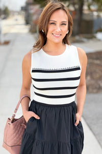Mixed Media Striped Midi Dress - Black